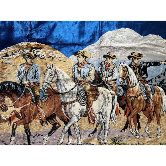 Vintage Horses Cowboy Tapestry Decor Wall Rug Art Western Italy Velvety - Picture 7 of 9